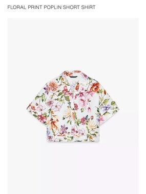 Zara 100% cotton white poplin Cropped Button Shirt with Multicolor Floral Print